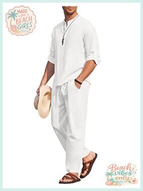 Men's 2 Piece Cotton Linen Set Henley Shirt and Pants Summer Yoga Outfits